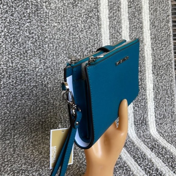 Michael Kors Large Double Zip Leather Wallet Wristlet Phone Case Lagoon - Picture 5 of 16